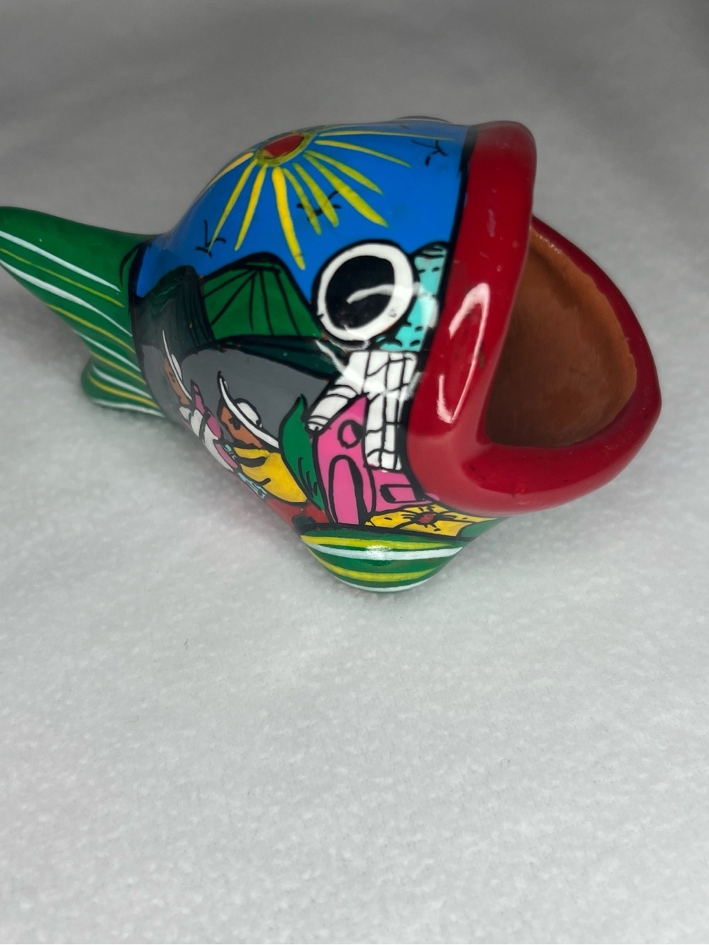 Hand Painted Mexican Pottery Clay Fish Big Mouth Sponge Holder